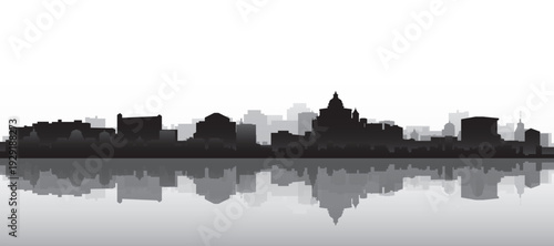 Black and white panoramic poster of the city skyline with misty background buildings and water reflection of BOLOGNA, ITALY