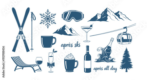 Detailed Après Ski Winter Holiday Vacation Collection Vector Icons Set Mountain Resort Elements