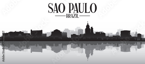 Black and white panoramic poster of the city skyline with misty background buildings and water reflection of SAO PAULO, BRAZIL