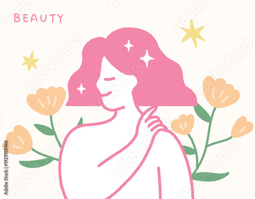 Skin care concept handdrawn illustration with beautiful woman and flowers.