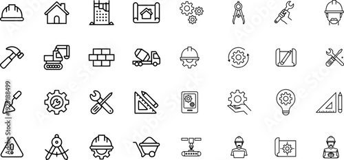 Construction and Engineering Outline Icons Set – Tools and Building Vector Collection