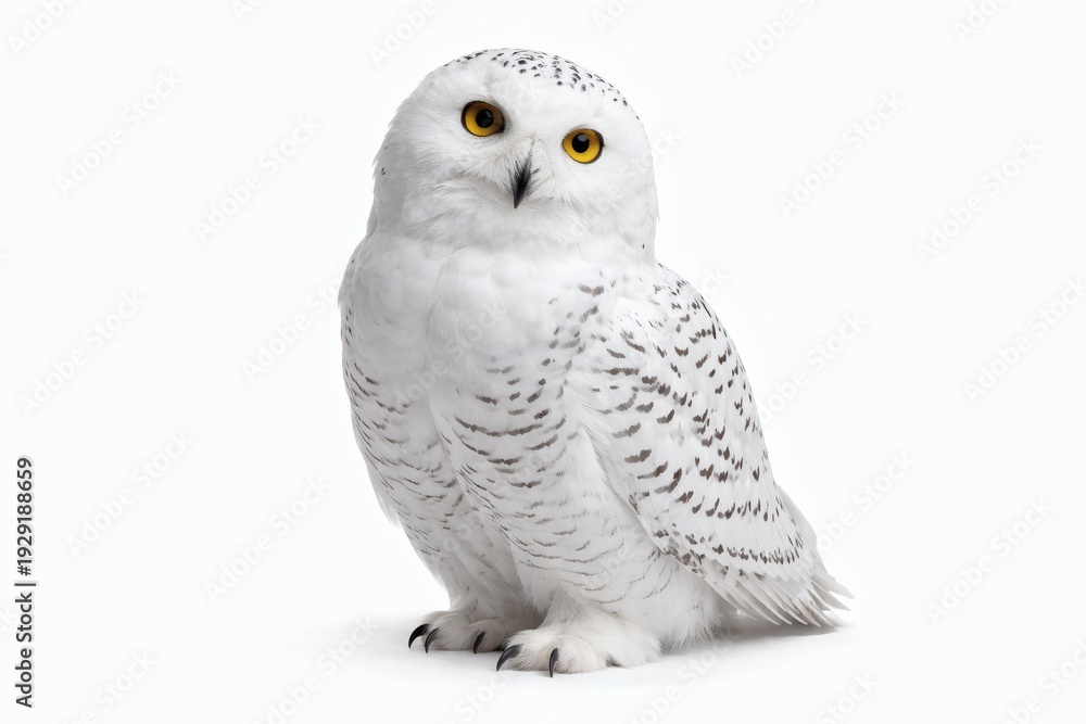 Fototapeta premium Snowy owl isolated on white, head turning arctic bird portrait, photorealistic calm expression