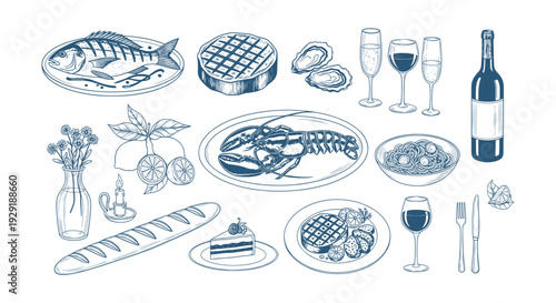 Gourmet Culinary Collection Vintage Engraving Style Delicious Seafood Steak Pasta Wine Dessert Elements