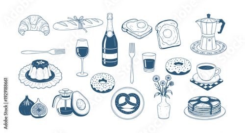 Delicious Hand Drawn Breakfast Brunch Food Drink Sketch Icons Vector Set