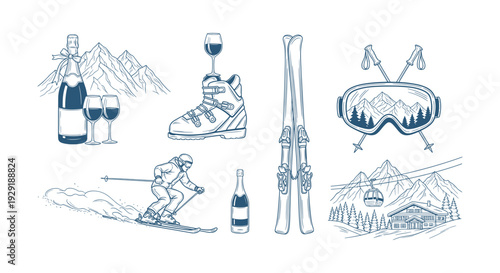 Winter Ski Resort Mountain Sports Vector Outline Illustration Set with Champagne and Cabin