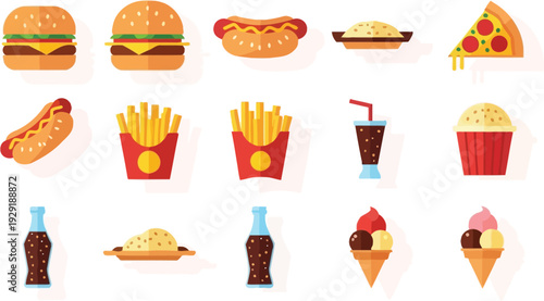 Fast Food Icons: An assortment of colorful icons representing various fast food items. perfect for any project.