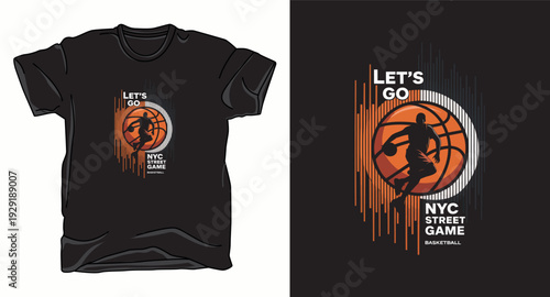 T-shirt design print illustration Basketball player silhouette with orange ball and nyc street game typography for t-shirt design