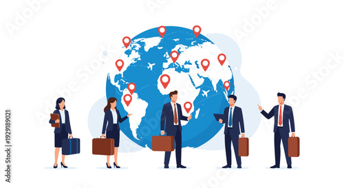 Group of professional business people with suitcases stand in front of a blue globe marked with red location pins for global travel.