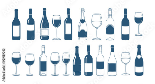 Elegant Wine and Champagne Bottles with Glasses Vector Icon Collection Silhouette Line Art