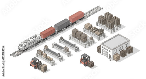 Isometric 3D illustration of a logistics and transportation scene with train, cargo, and warehouse.