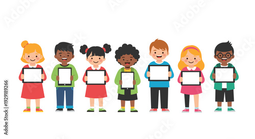 Row of diverse young children stand together while holding blank white tablets for educational technology or digital learning.