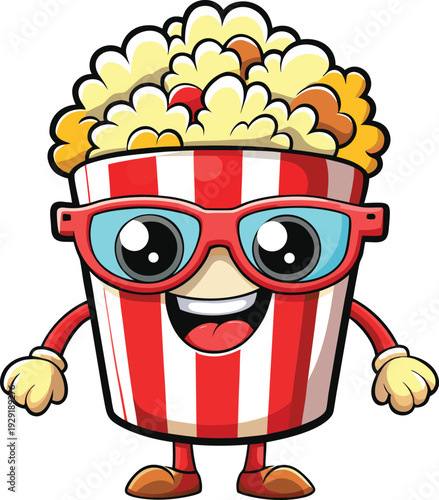 Happy popcorn bucket smiling with 3d glasses vector illustration flat design