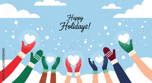 Many hands wearing winter gloves reach up into the blue sky to hold white heart shaped snowballs for a happy holiday celebration.