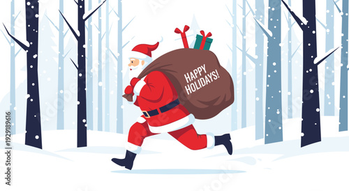 Santa Claus runs through a snowy forest carrying a large brown sack filled with colorful gifts for the happy holidays.