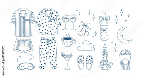 Cozy Pajama Party Sleepover Essentials Vector Outline Doodle Relaxation Elements Set