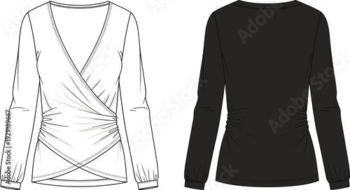 Women wrap blouse vector illustration, long sleeve V neck top front and back view, minimalist fashion technical drawing template