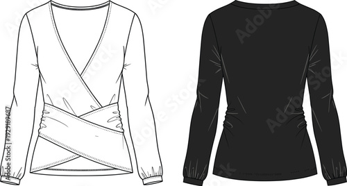 Women wrap blouse vector template, long sleeve V neck top front and back view, minimalist fashion technical drawing