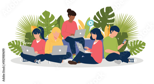 Diverse group of young people sit in a park surrounded by tropical plants while using laptops and a mobile phone.