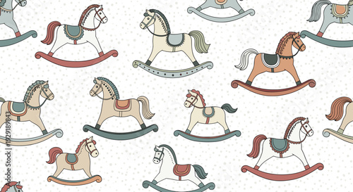 Seamless background pattern featuring vintage style rocking horses in various colors on a white dotted background.