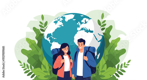 Young man and woman with backpacks stand in front of a giant blue and white globe surrounded by lush green leaves.