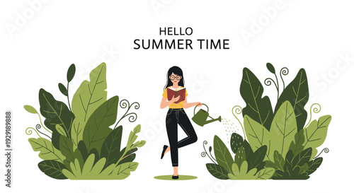 Young woman balances on one leg while watering green plants and reading a book to celebrate summer time activities.