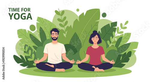 Man and woman sit in a lotus yoga pose while meditating in a lush green garden during their dedicated time for yoga.