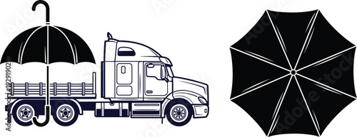 Semi truck with umbrella protection concept, black and white transport insurance vector illustration isolated on gray background