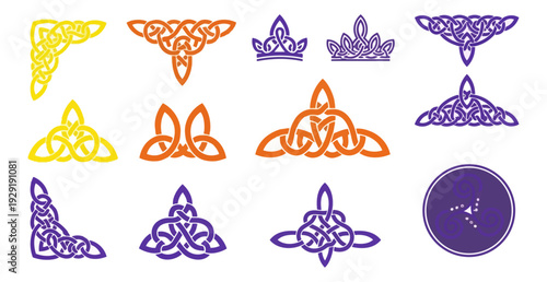 Celtic knot patterns and decorative elements on black background