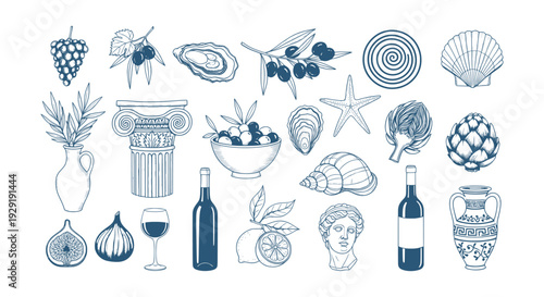 Vintage Mediterranean Greek Line Art Food Nature Travel Hand Drawn Icon Set