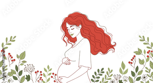 Beautiful pregnant woman with long flowing red hair standing in profile surrounded by delicate green plants and red berries.