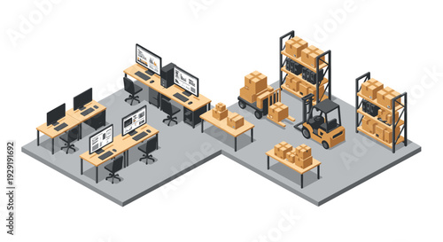 Warehouse office and storage area with computers and forklift.