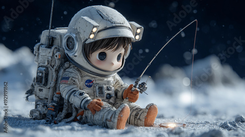 Cute chibi astronaut child fishing on the moon surface