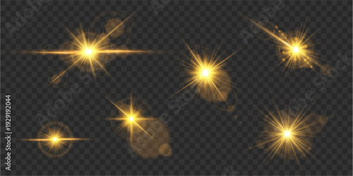 Bright golden star bursts with sparkling particles on a clean white background. Soft radiant glow spreads gently without sharp rays. Subtle lens flare adds a magical shimmering effect.