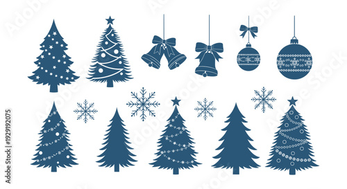 Elegant Christmas Holiday Decorations Vector Set Festive Trees Bells Ornaments Snowflakes Collection