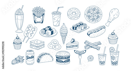 Hand Drawn Fast Food Doodle Vector Set Featuring Snacks, Desserts, and Refreshing Drinks