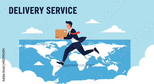 Professional delivery man runs across a world map background while carrying a package to represent global shipping.