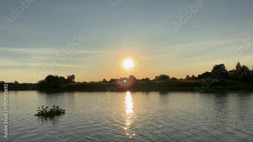 A summer atmosphere with a sunset by the river, the light reflecting on the water's surface and a clump of water hyacinths floating in the water.