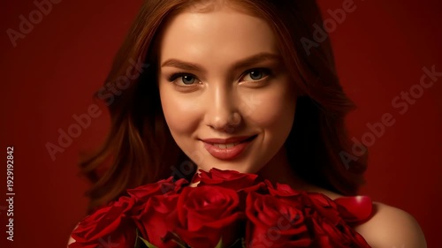 Portrait of a Redhead Woman Smiling Holding Bunch of Red Roses Against Deep Red Backdrop Under Soft Lighting and Romantic Atmospheric