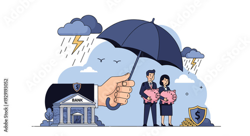 Massive hand provides shelter with an umbrella for a professional couple and their savings during financial storm.