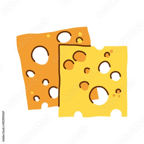 Two Thin Rectangular Slices of Yellow Cheese with Holes, hand drawn cartoon food illustration