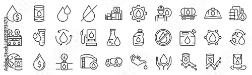 Set of 30 outline icons related to oil, fuel drop. Linear icon collection. Editable stroke. Vector illustration