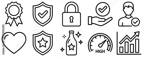 Set of 9 clean line icons representing success, security, and customer service, perfect for business and technology concepts.
