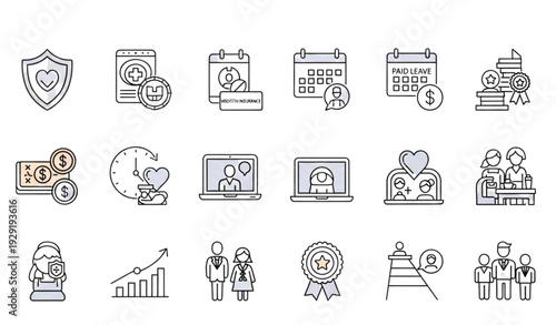 A collection of line art icons representing business and finance concepts