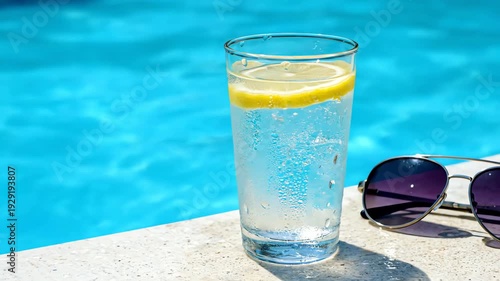 Refreshing Drink with Lemon Slice Next to Sunglasses on Poolside Under Sunlight with Blue Water Background