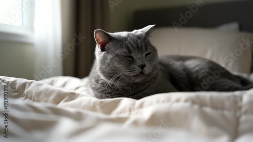 Resting Gray British Shorthair Cat on White Bedding Near a Window with Natural Lighting In Bedroom