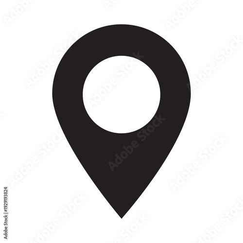 Solid black map location pin marker icon, destination pointer graphic element, isolated on transparent background