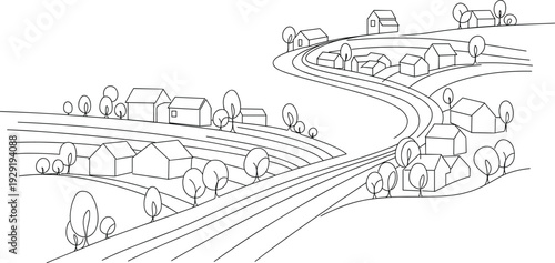 Peaceful rural countryside landscape with winding road, clustered houses, stylized trees, terraced fields, black and white line drawing, flavector