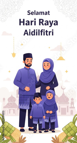 Family celebrates Hari Raya Aidilfitri, a joyous Islamic holiday, together in unity and happiness.