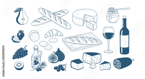 Delicious Hand Drawn European Food Assortment Vector Illustration with Cheese Wine Bread Fruits