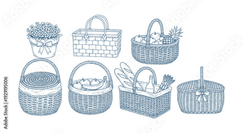 Vintage Hand-Drawn Wicker Rattan Baskets Collection with Picnic Food Fruits Flowers Sketch